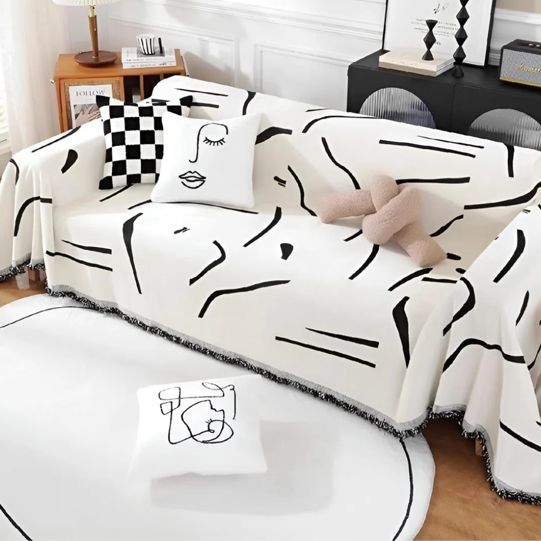 Black Pattern Reversible Chenille Fabric Wrinkle Resistant Throw Sofa Cover