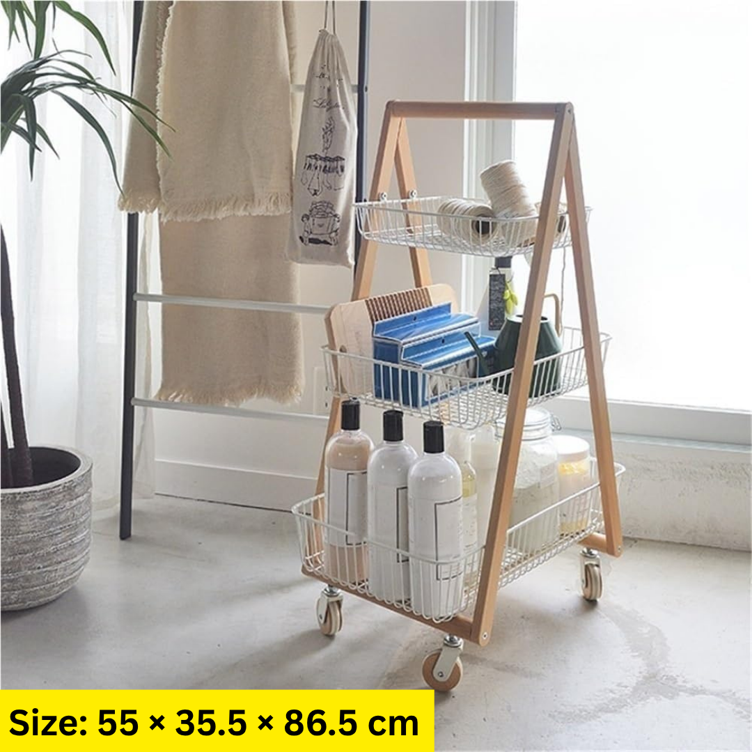 HOMERO 3-Tier Modern Wooden Metal Frame Slim Design Rolling Storage Cart