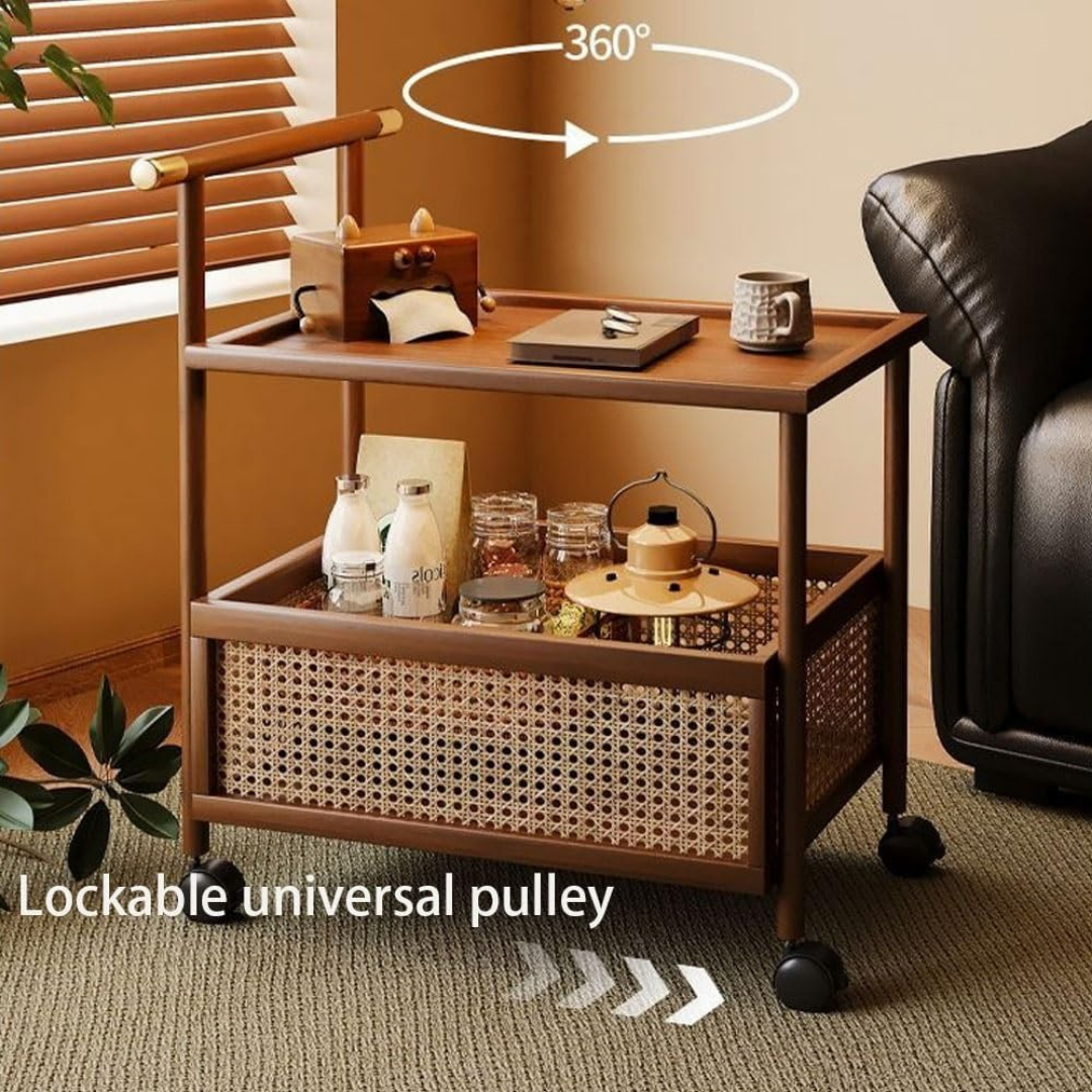 Retro Wooden Rolling Side Table Trolley with Lockable Wheels