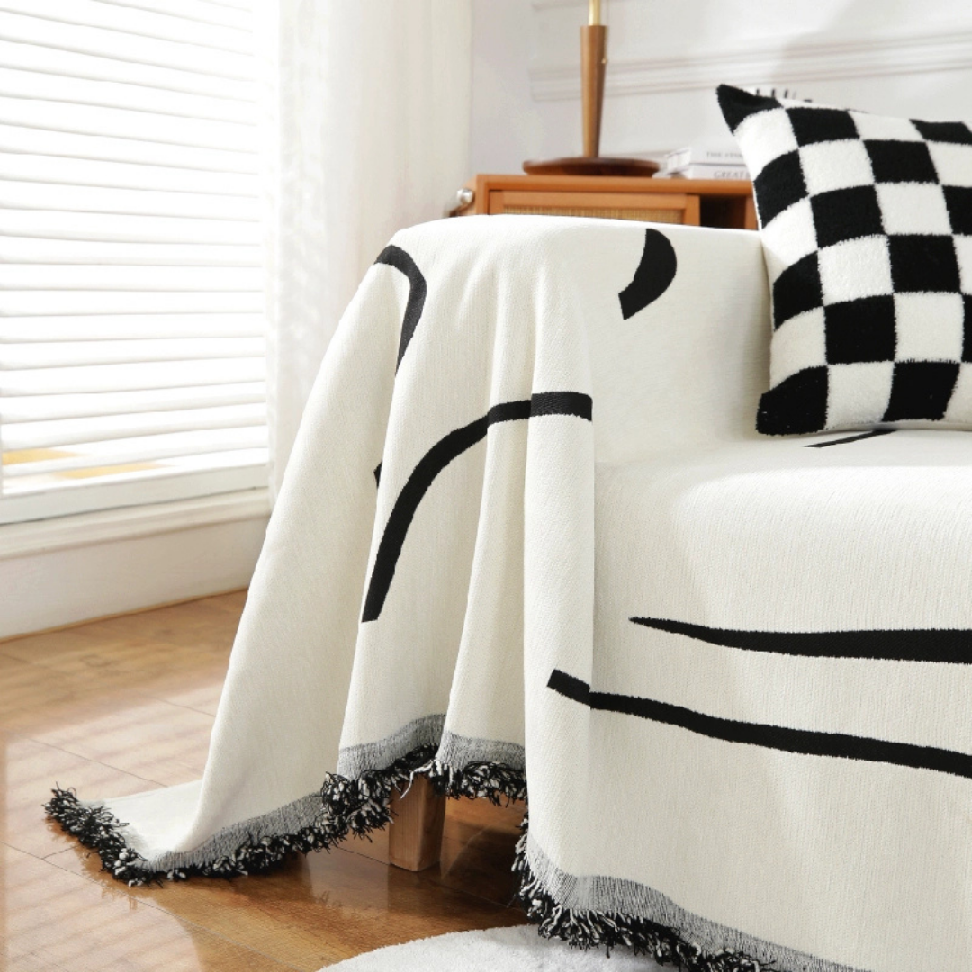 Black Pattern Reversible Chenille Fabric Wrinkle Resistant Throw Sofa Cover