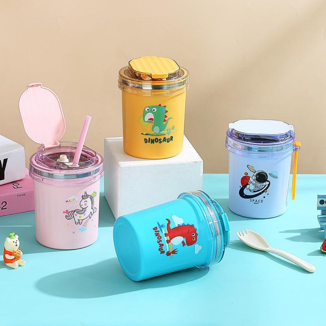HOMERO Cartoon Stainless Steel Insulated Soup Mug with Spoon Straw - 530ML