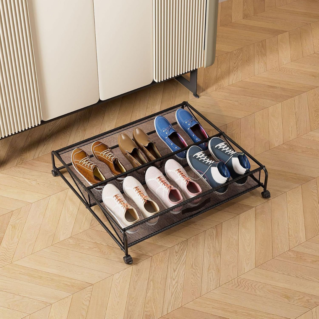 HOMERO Under Bed Shoe Storage Rack Metal Mesh Organizer with Rolling Wheels