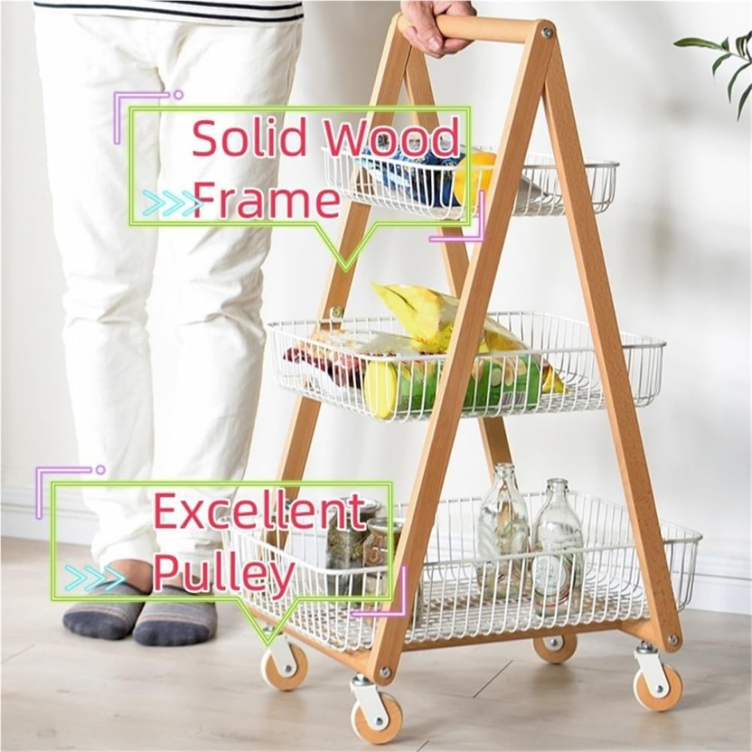 HOMERO 3-Tier Modern Wooden Metal Frame Slim Design Rolling Storage Cart