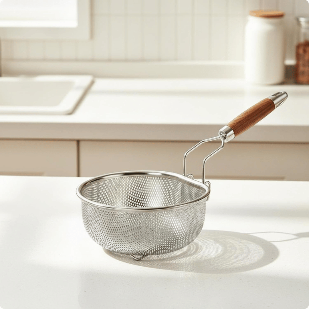 Premium Stainless Steel Noodle Strainer with Faux Wood Handle and Hanging Hook
