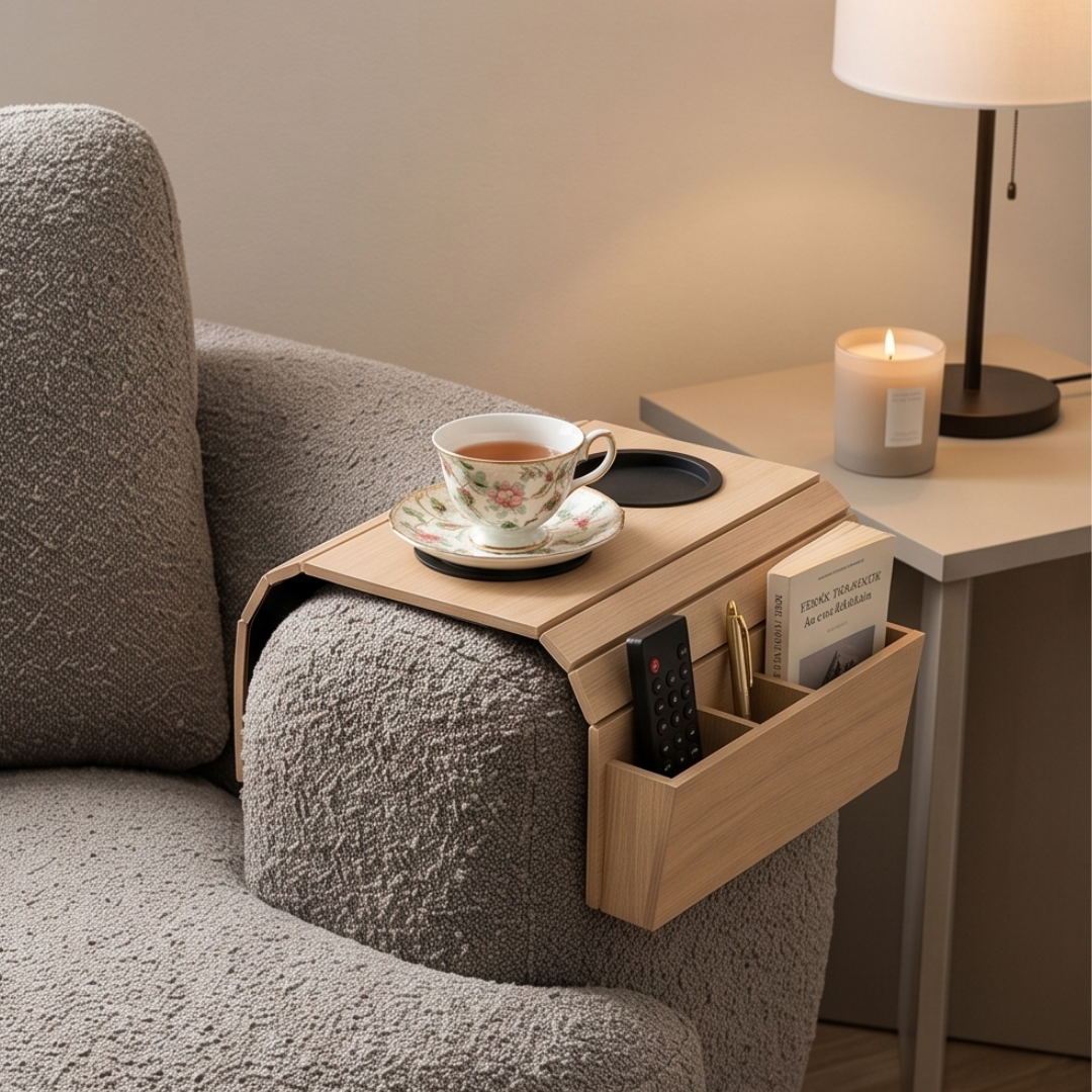 Flexible Wooden Sofa Armrest Tray Table With Dual Cup Holders And Remote Storage