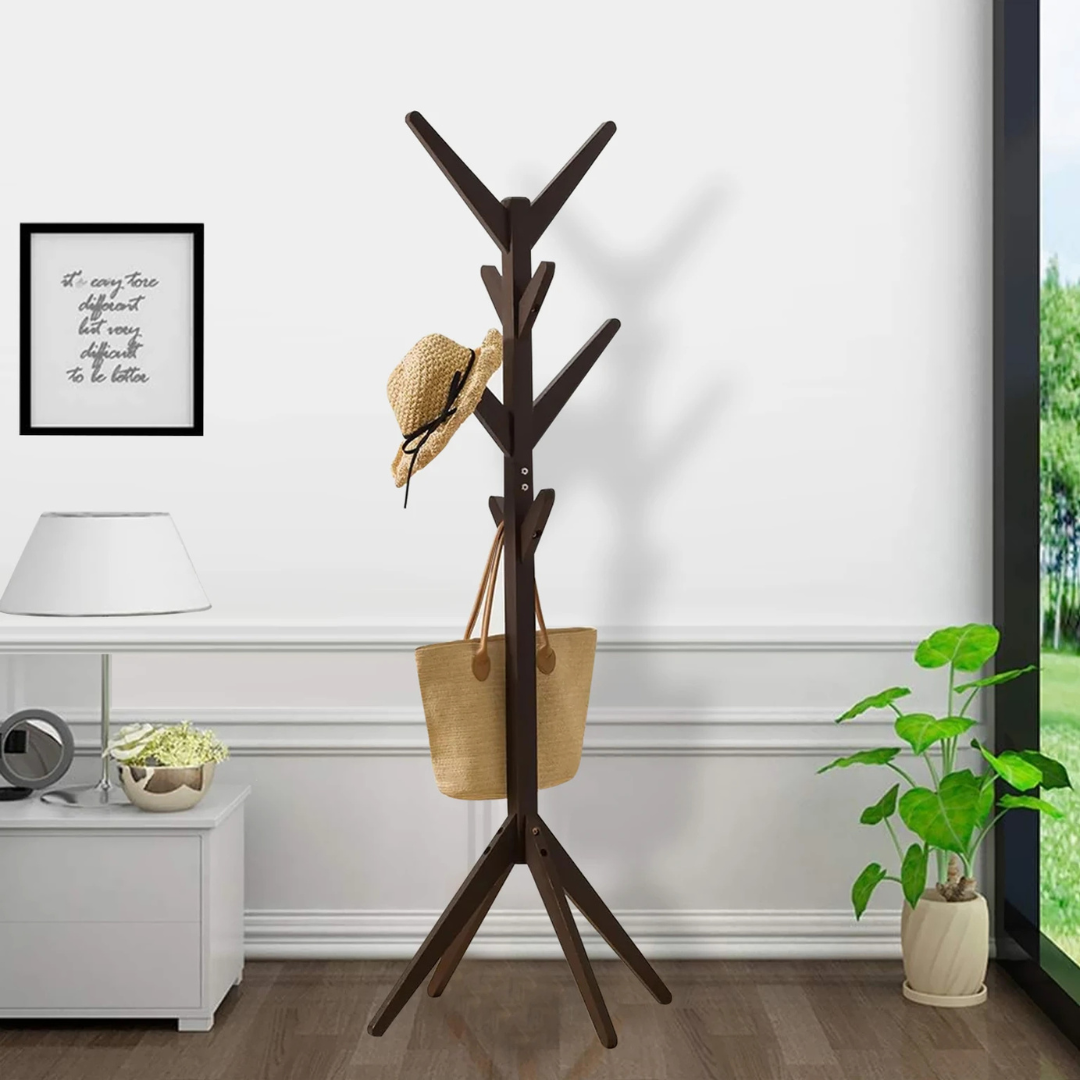 Bamboo Wooden Tree Coat Rack Stand with 8 Hooks