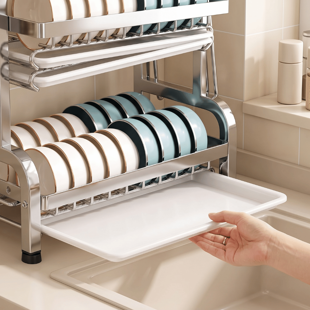 Multifunctional Three Layer Countertop Dish Organizer With Drain Trays