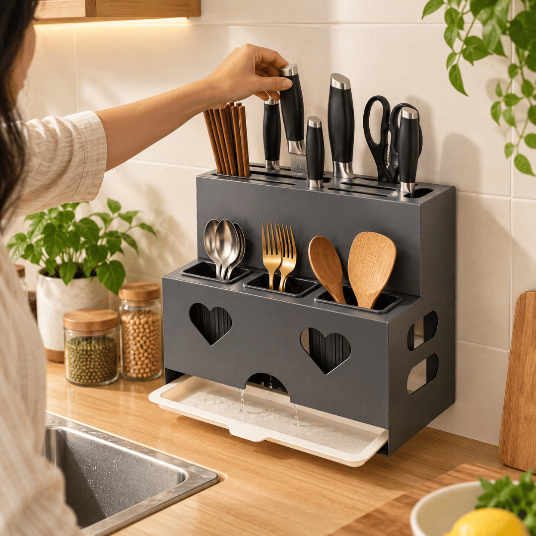Wall Mounted Kitchen Knife Holder and Chopstick Organizer