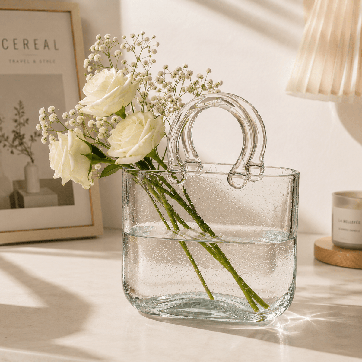 Homero Transparent Hand Blown Glass Vase with Elegant Purse Design