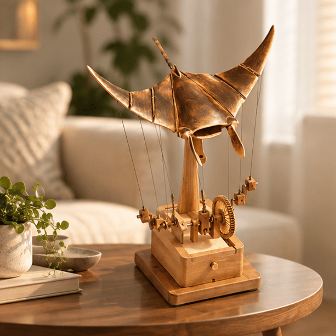Handcrafted Wooden Manta Ray Automation Kinetic Art Sculpture