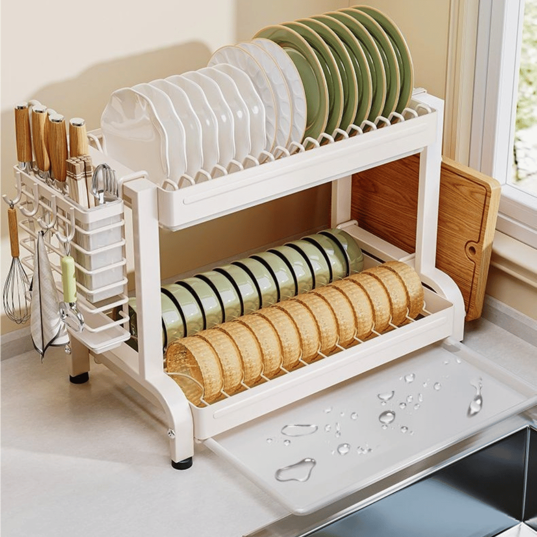 Premium Multi Layer Kitchen Dish Drying Rack with Cutting Board and Cutlery Storage