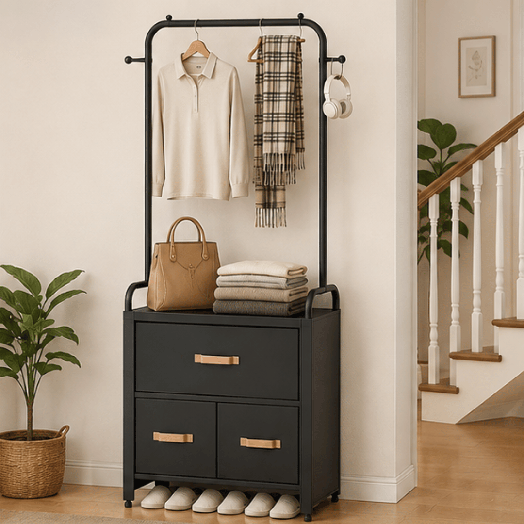 Multifunctional Coat Rack with Drawers Hooks and Hanging Storage Organizer