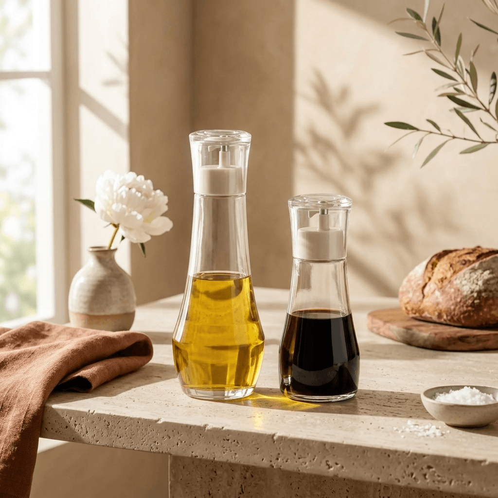 Homero Premium Glass Oil Dispenser with No-Drip Spout for Kitchen Use