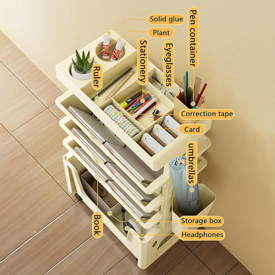 5 Tier Rolling Bookshelf Organizer with Removable Baskets Wheels