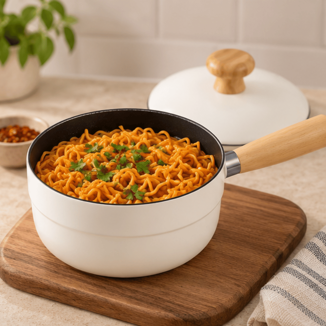 Premium White Enamel Milk Pot With Wooden Handle & Lid