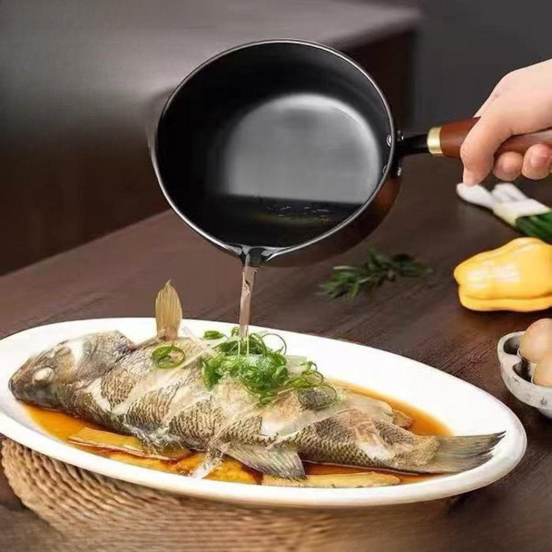 Deep Belly Iron Oil Heating Sauce Pan with Wooden Handle