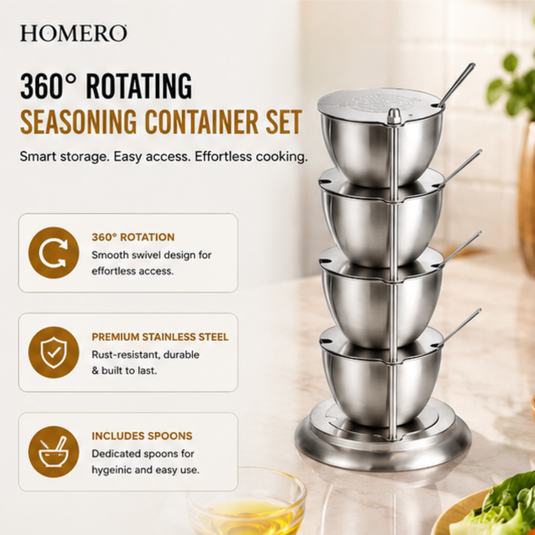 360° Rotating Stainless Steel Seasoning Container Set with Spoons
