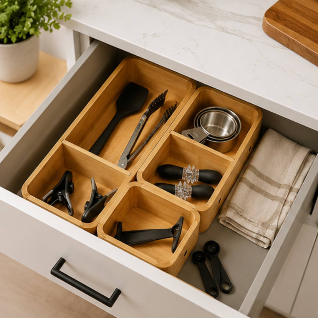 Modular Bamboo Kitchen Drawer Organizer with Removable Dividers