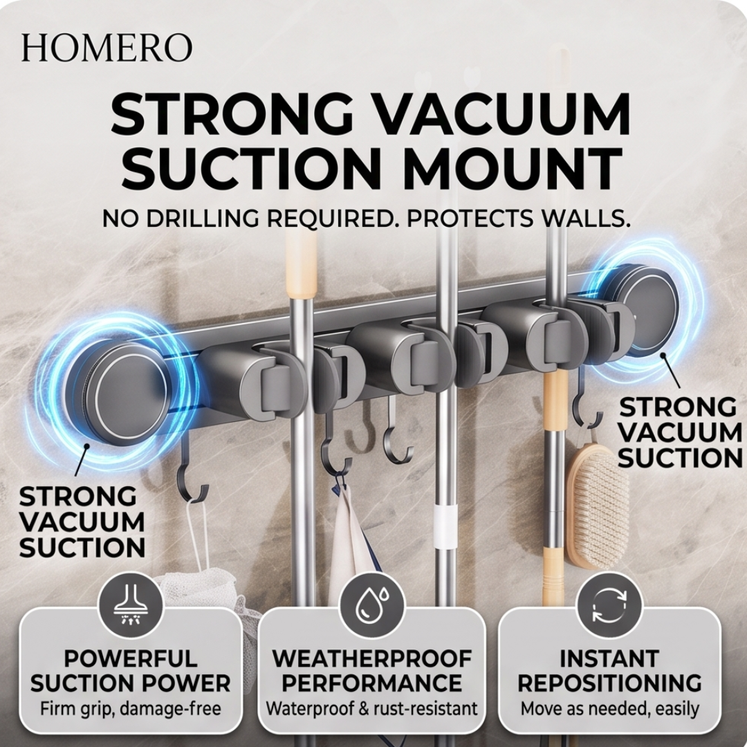 Wall Mounted Sliding Mop and Broom Holder Organizer with Strong Suction Cup