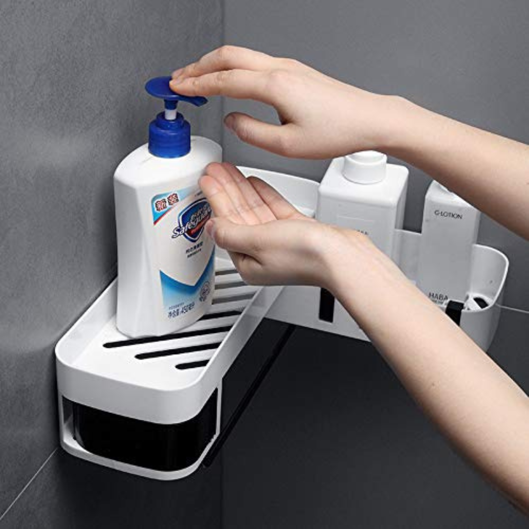 Wall Mounted 180° Foldable Corner Storage Rack with Drainage Design & Hidden Hooks