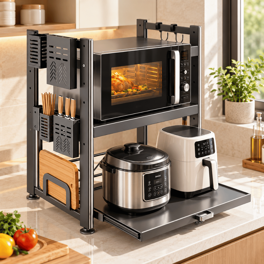 Heavy Duty Two Tier Microwave & Utensils Storage Rack with Adjustable Shelves and Hooks