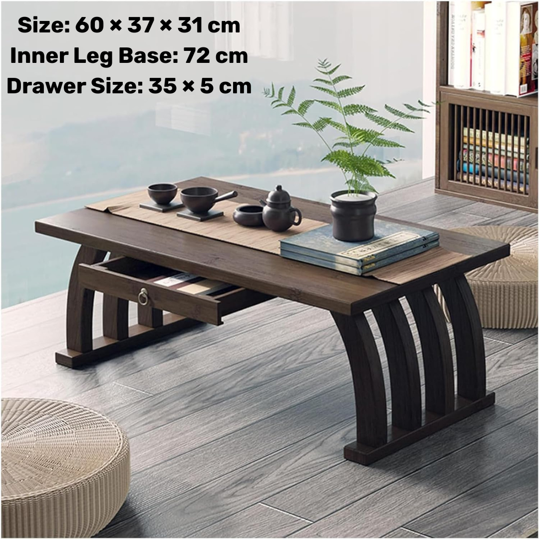 Premium Japanese Style Curve Bamboo Table with Storage Drawer