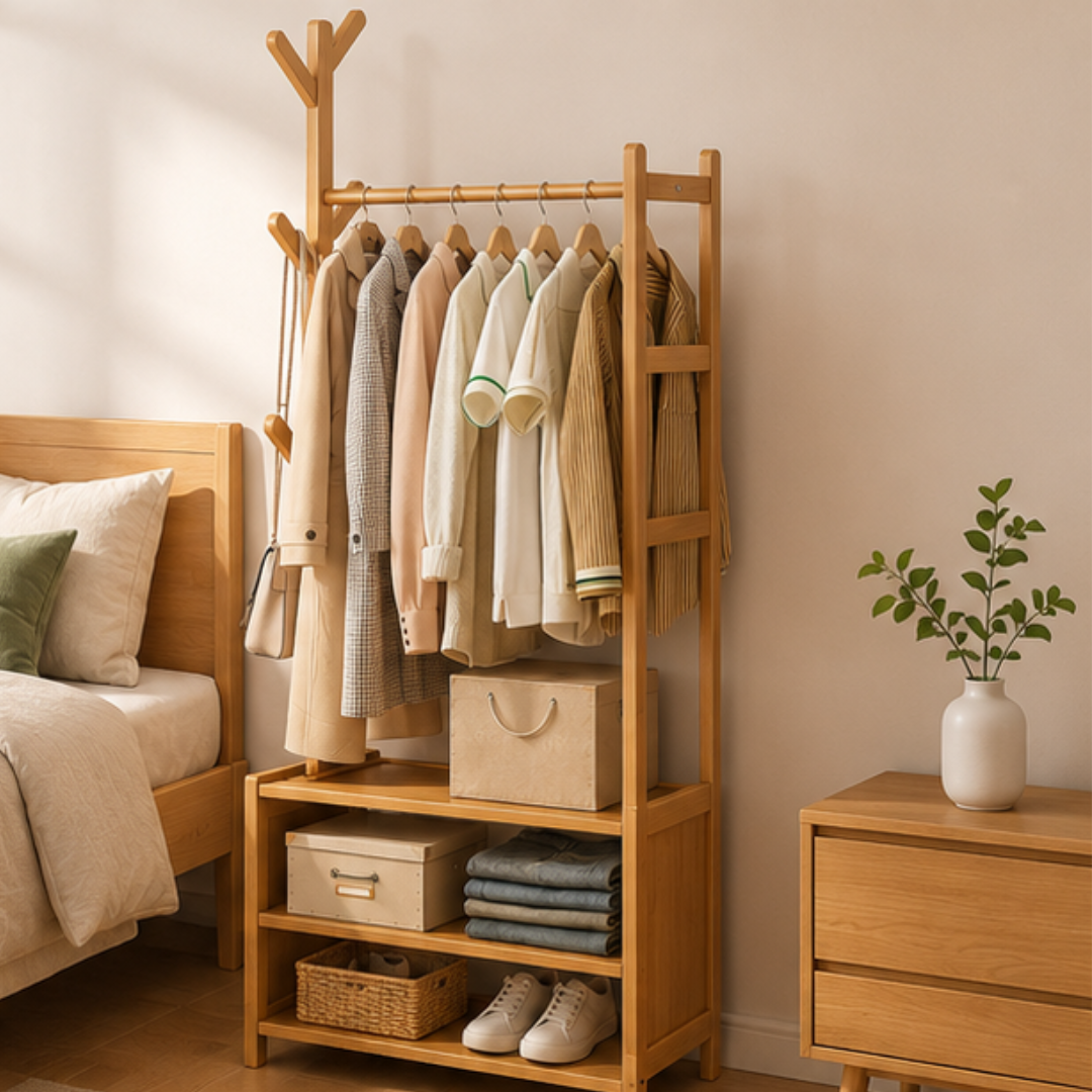 Modern Wooden Garment Rack with Storage Shelves Clothes Organizer
