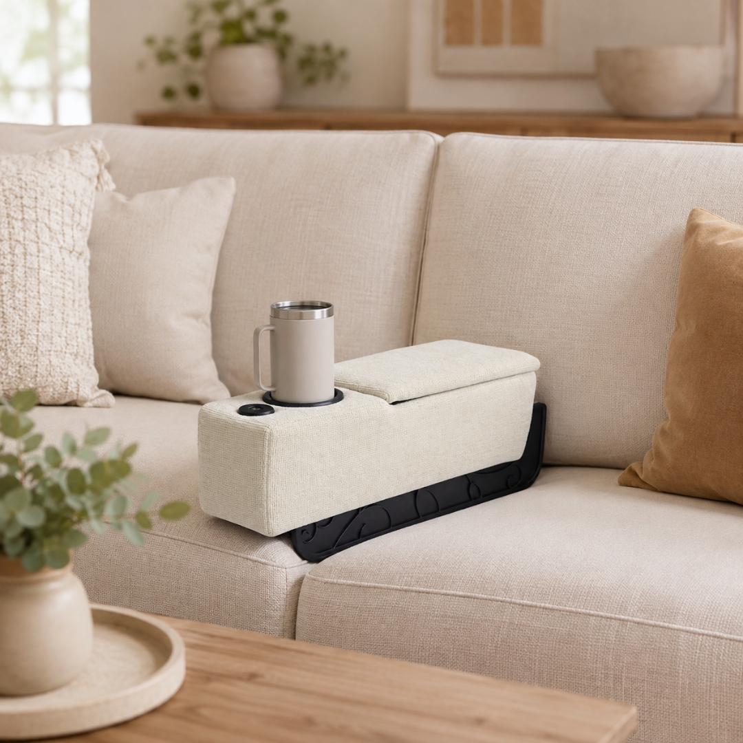 Multifunctional Sofa Armrest Couch Caddy with Wireless Charging LED Light