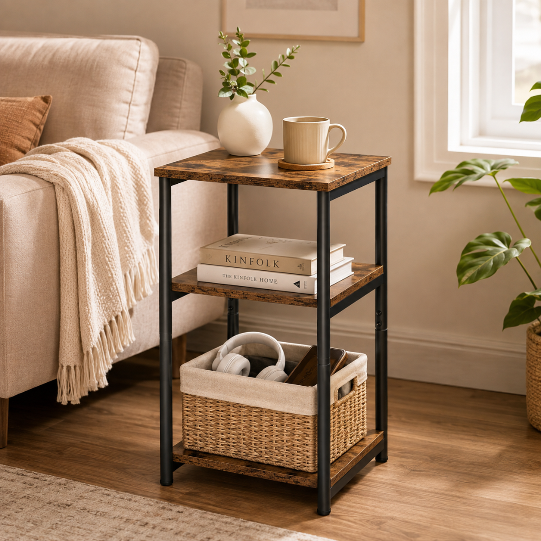 Rustic Brown Three Tier Storage Steel Frame Side Table