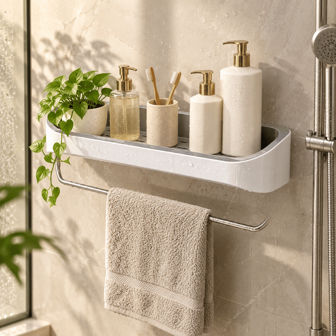 Wall Mounted Bathroom Organizer With Drainage Rack & Guardrail