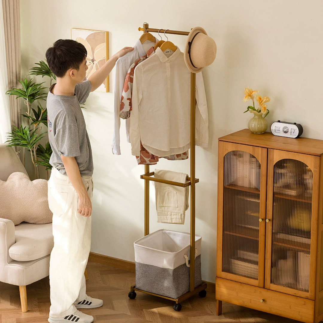 Multi-Purpose Bamboo Garment Stand with Laundry Basket and Hooks