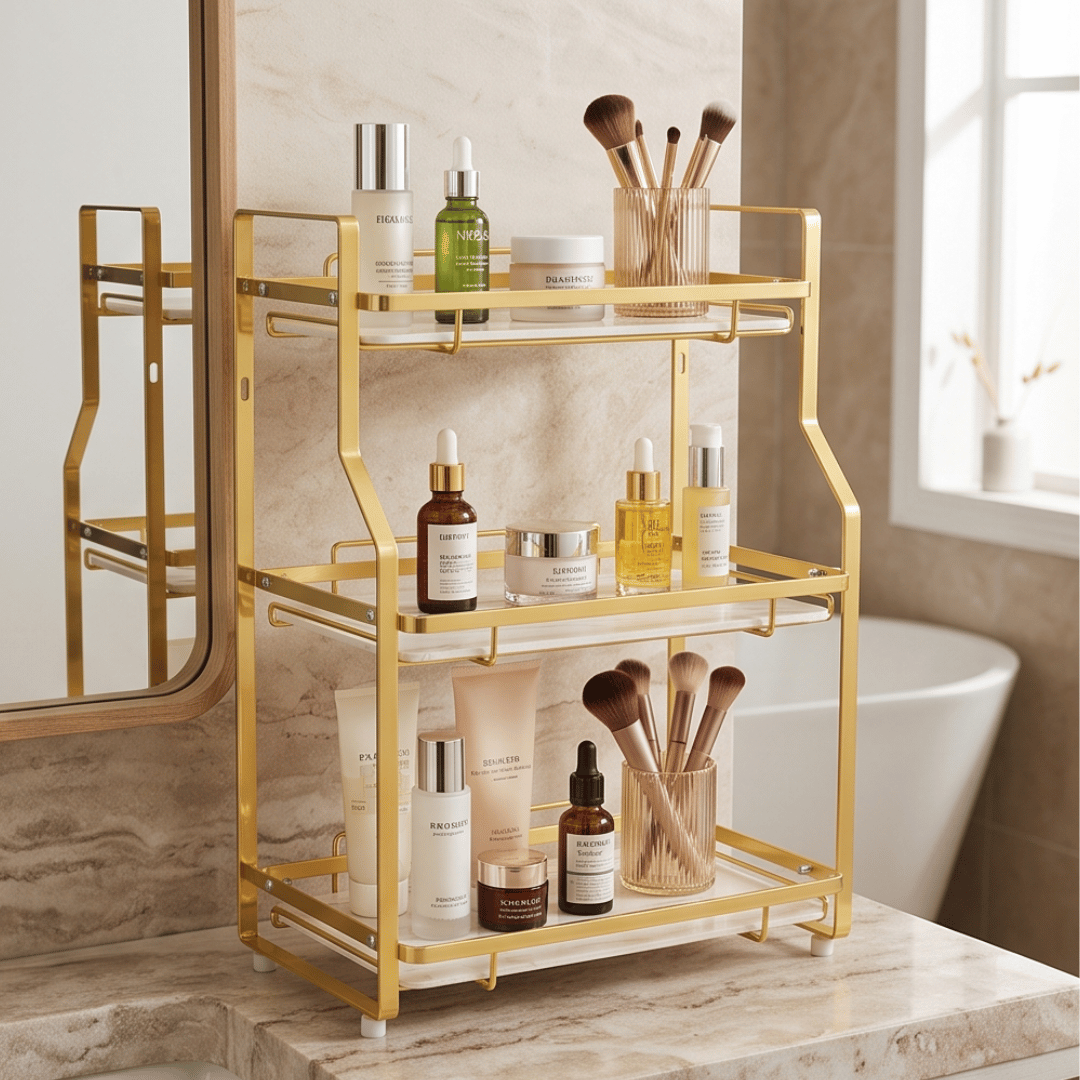 Multipurpose Gold Metal Spice Rack and Bathroom Countertop Organizer