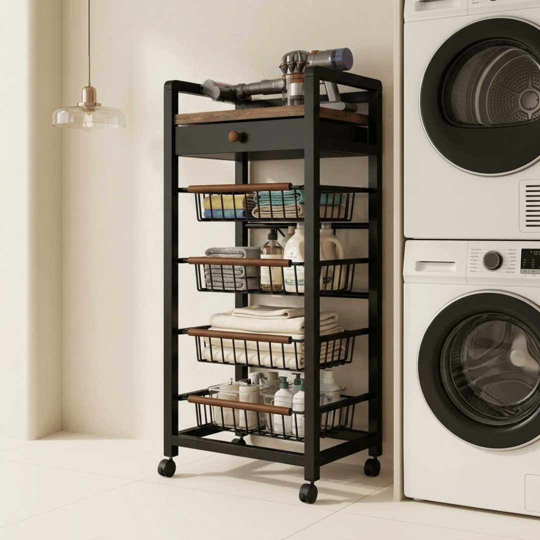 5 Tier Rolling Kitchen Storage Cart with Rustic Wooden Top and Pull Out Wire Baskets
