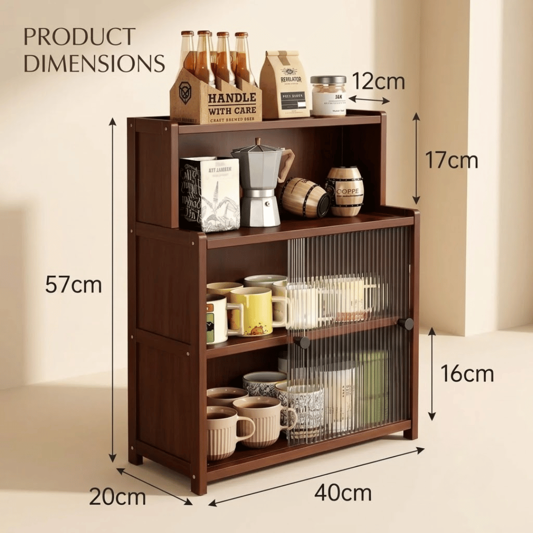 Premium Wooden Countertop Organizer with Open Shelf and Dust Protected Sliding Compartments