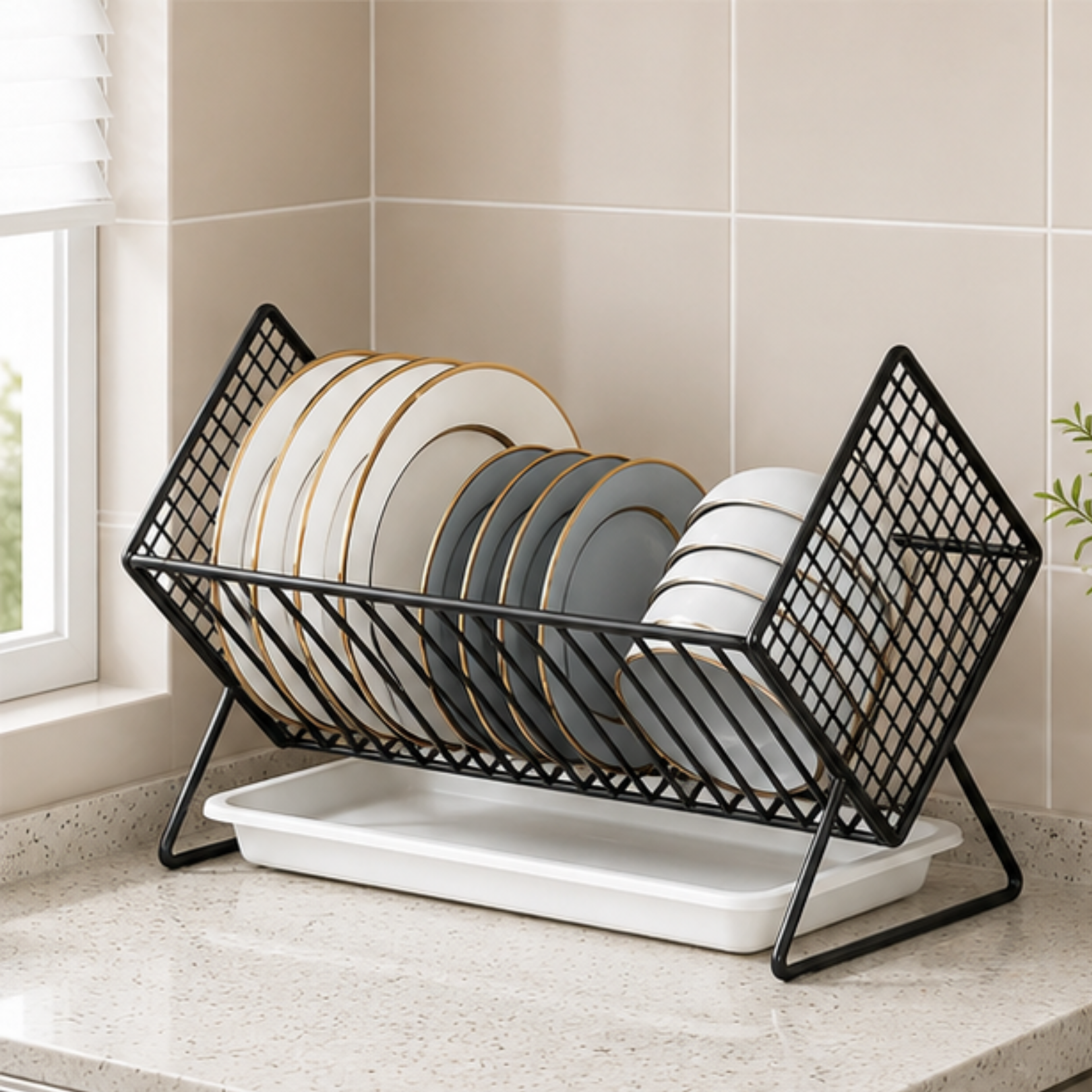 Multi-Purpose X Shaped Carbon Steel Kitchen Dish Rack with Drip Tray
