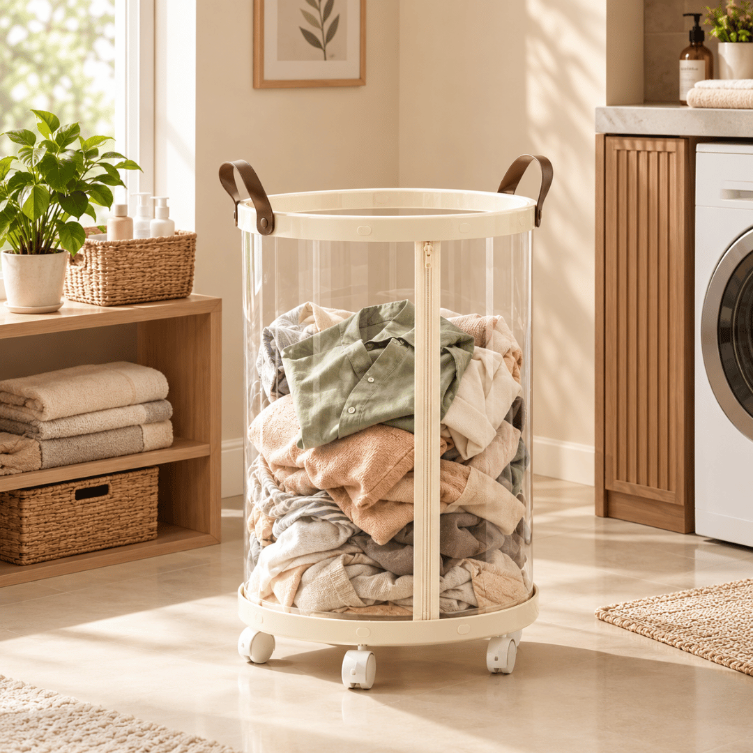 Modern Foldable Laundry Storage Basket with Transparent Body and Rotating Wheels