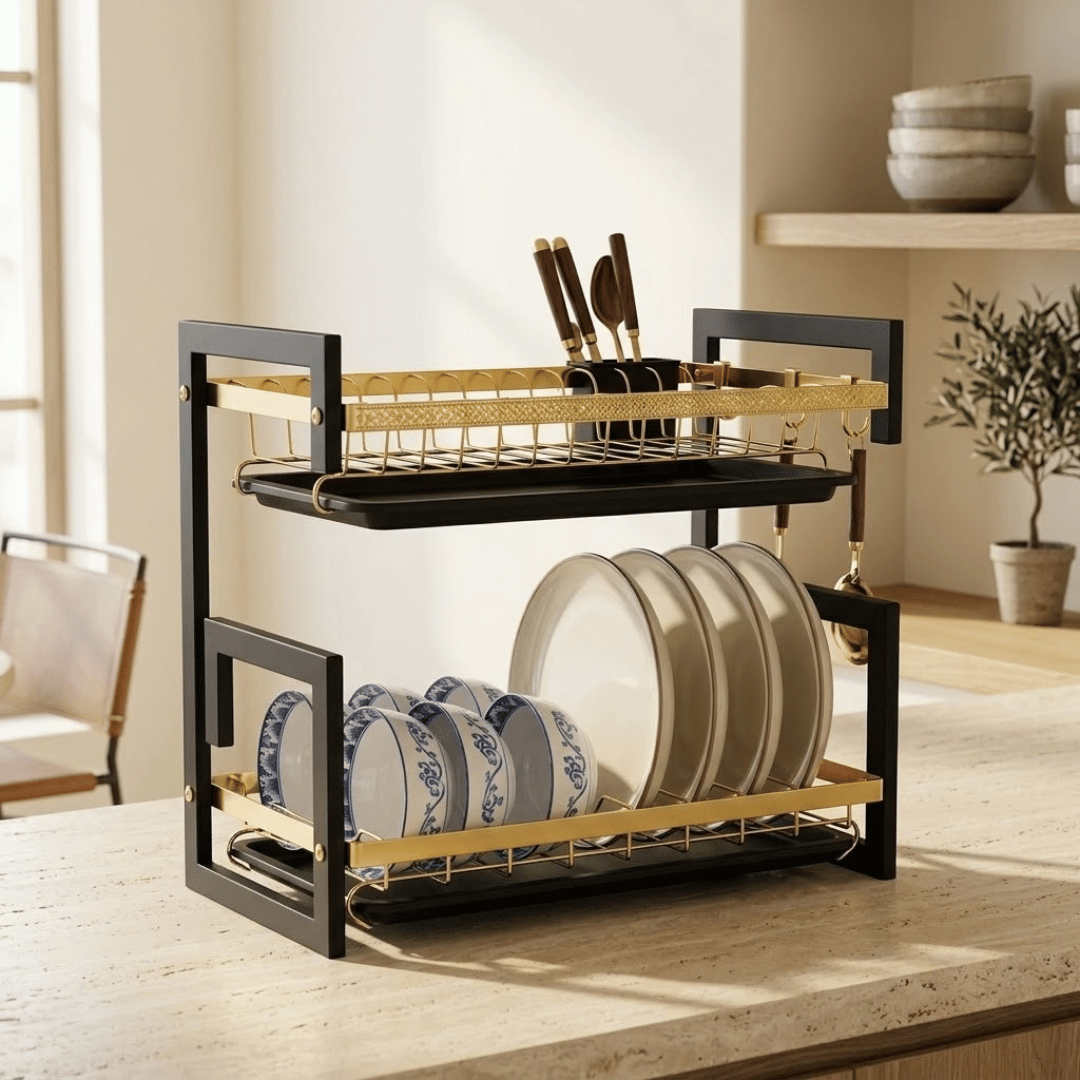 Elegant Gold finished Two Tier Dish Drying Organizer with Utensil Holder and Drainboards