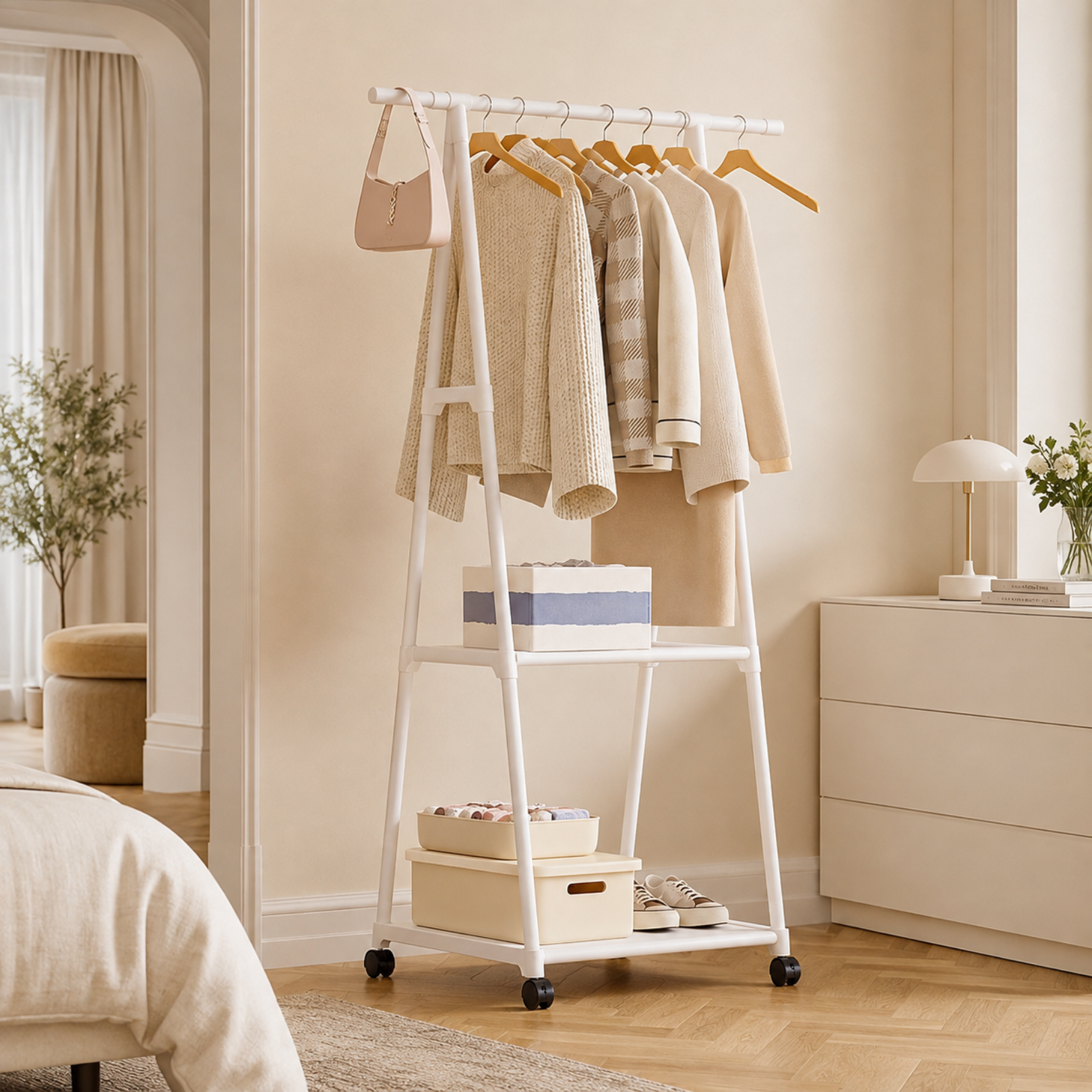 Multi Functional Metal Clothes Rack with Storage Shelves and Wheel