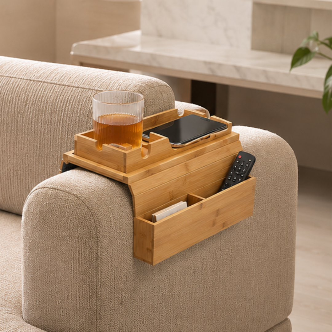 Multipurpose Adjustable Bamboo Couch Armrest Tray with Cup Holder and Organizer