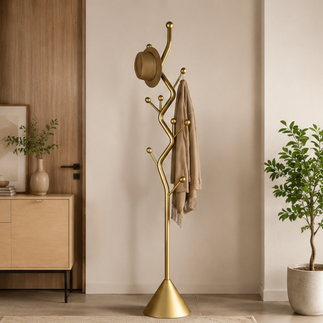 Modern Gold Finish Tree Shape Multi Hook Metal Coat Rack
