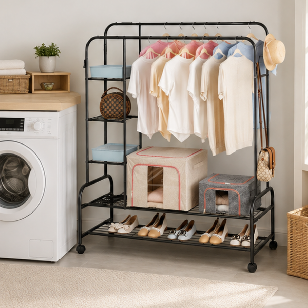 Multifunctional Double Rail Garment Shoe Rack With Wheels