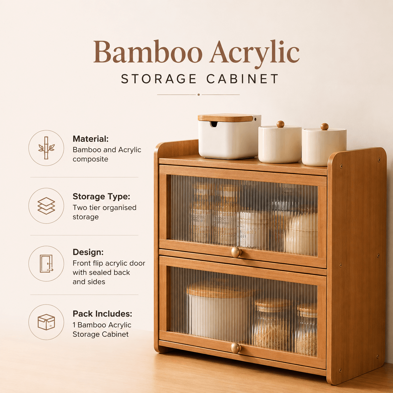 2-Tier Bamboo Acrylic Multipurpose Storage Cabinet with Translucent Flip Door