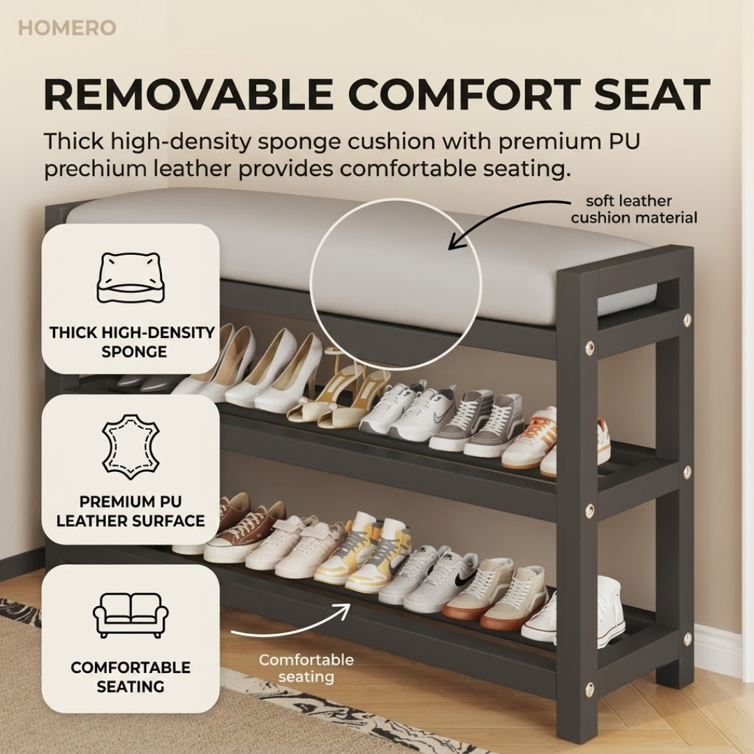 Multifunctional Carbon Steel Shoe Bench Rack with PU Leather Cushion