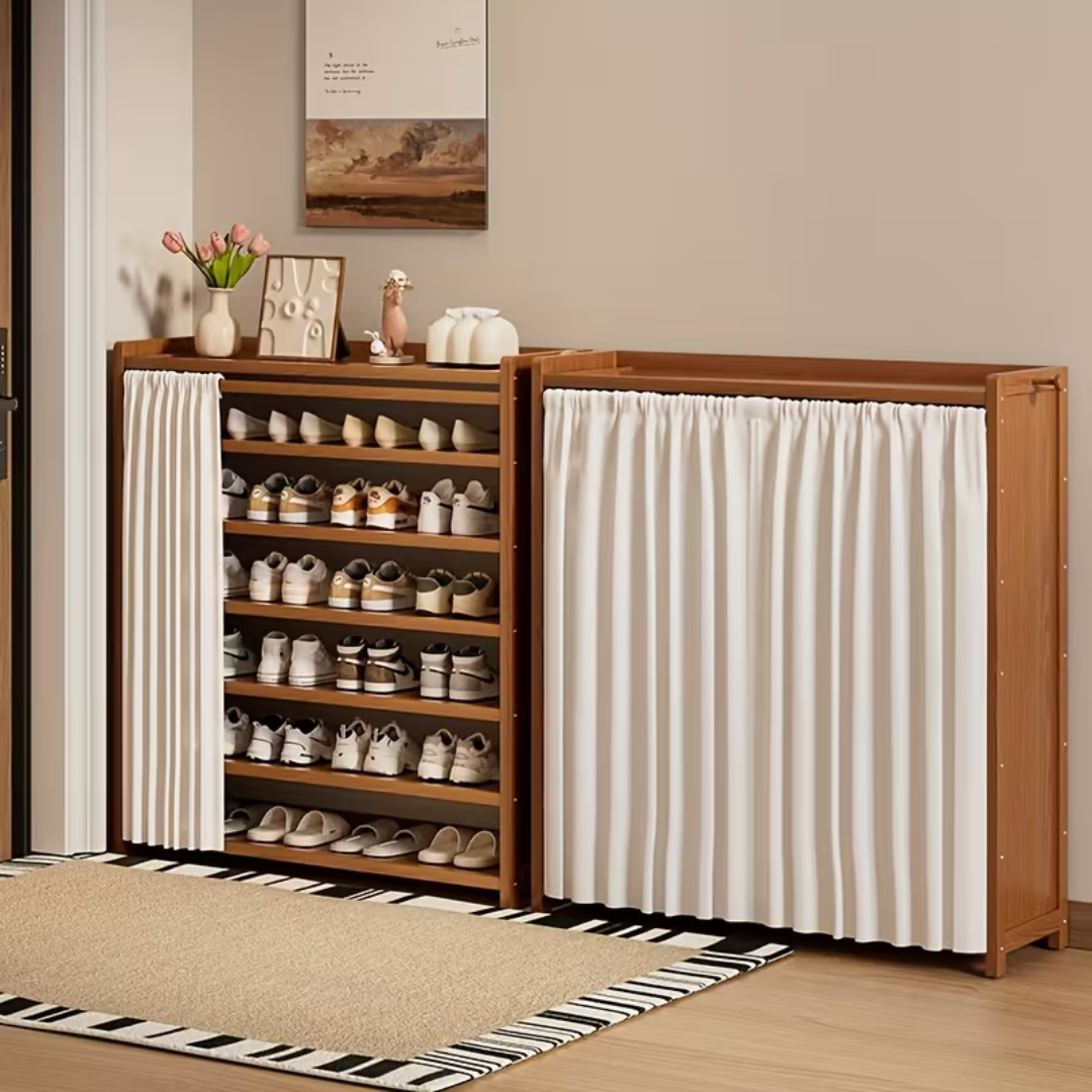Multi Layer Bamboo Shoe Rack Cabinet with Dustproof Curtain