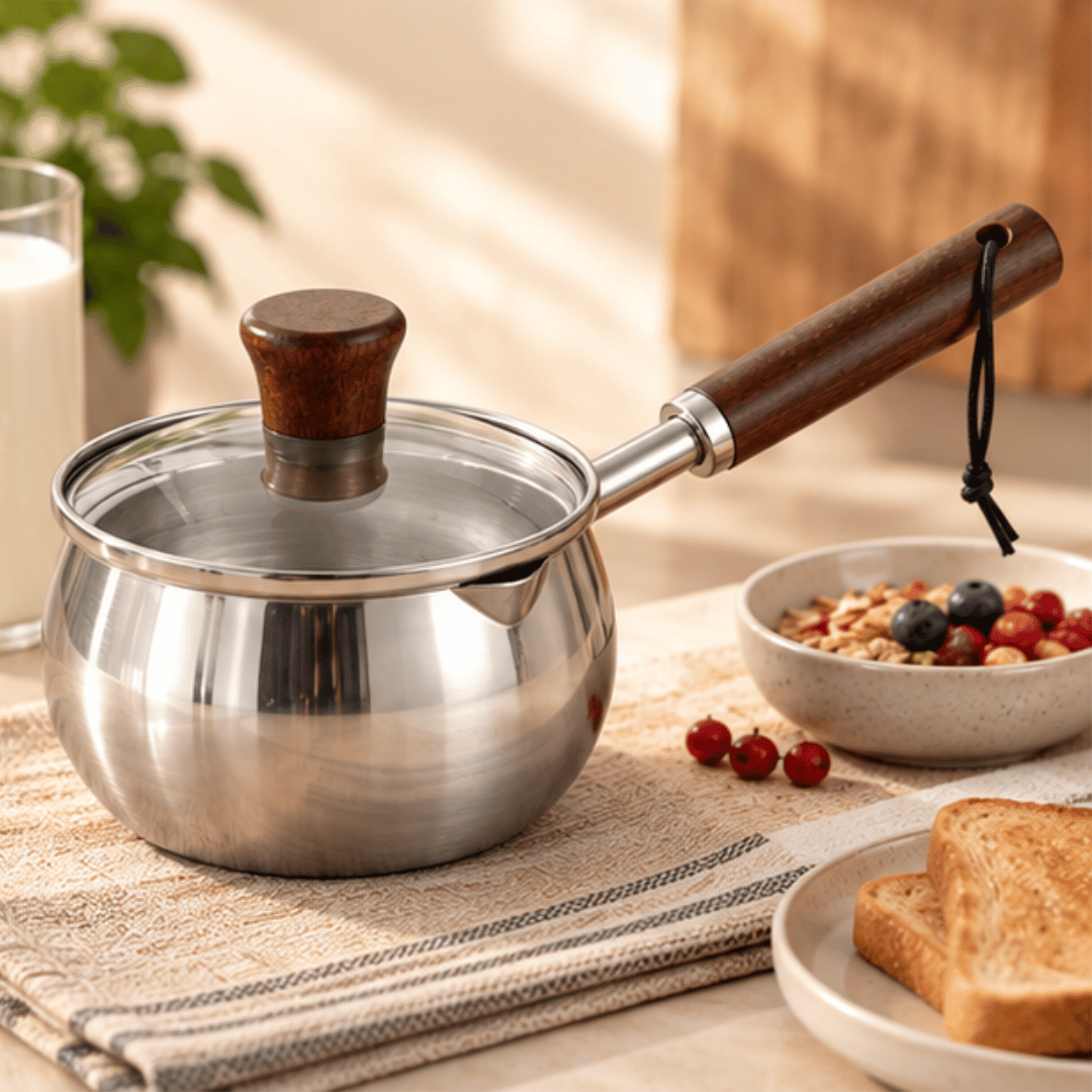 Premium Stainless Steel Small Milk Saucepan with Wooden Handle Glass Lid
