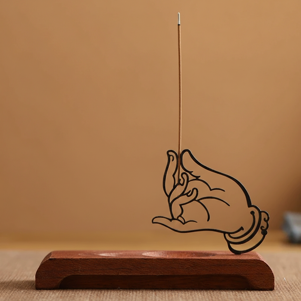 Homero Wooden Base Zen Metal Hand Incense Holder - 16cm