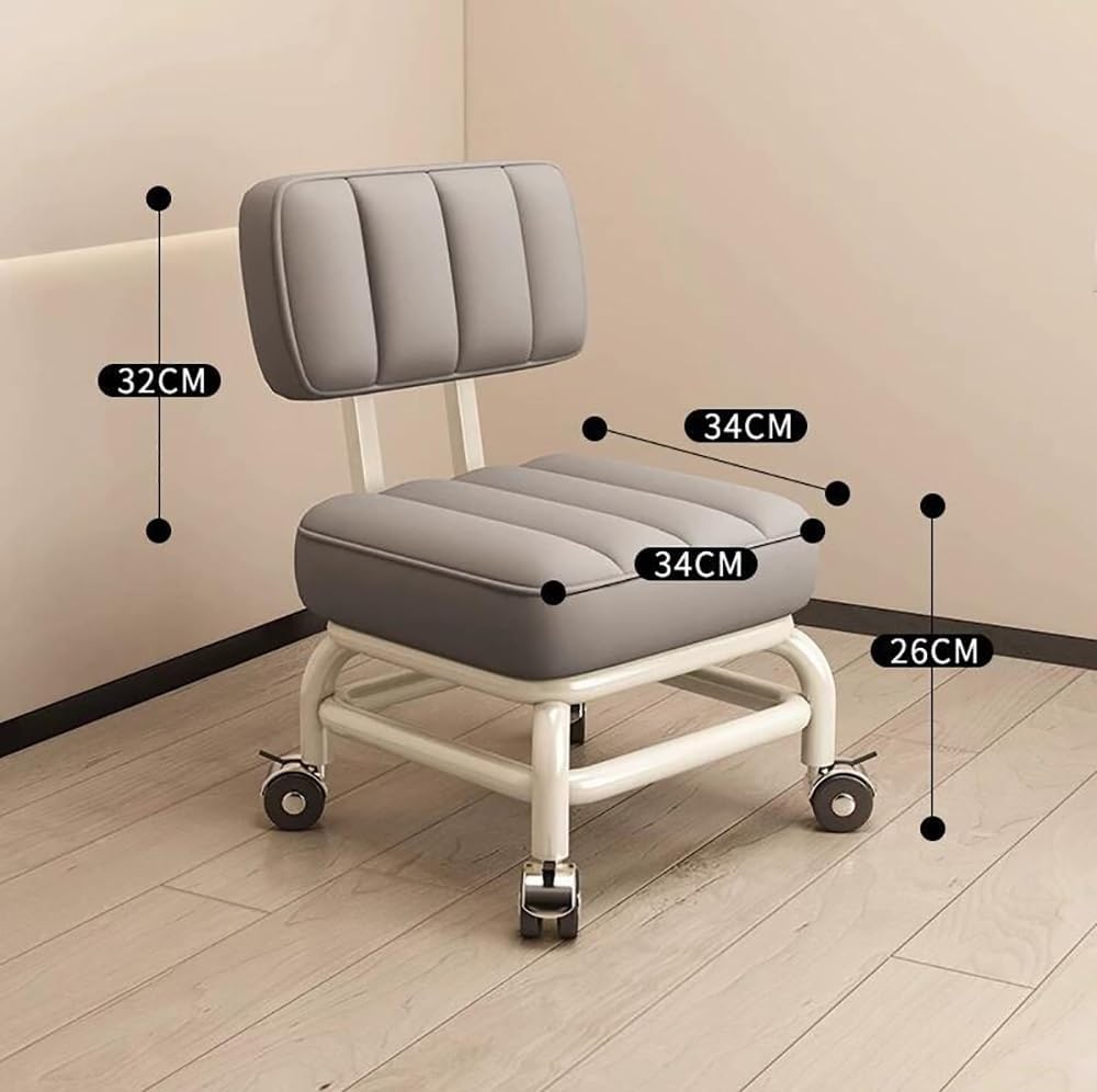 PU Leather Back Support Rolling Stool with 360° Swivel Wheels