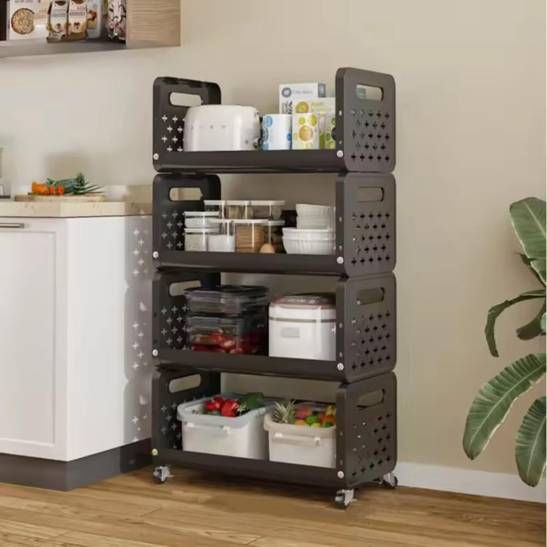 HOMERO Space Saving Utility Storage Rack with Wheels and Ventilated Shelves 4 Layer