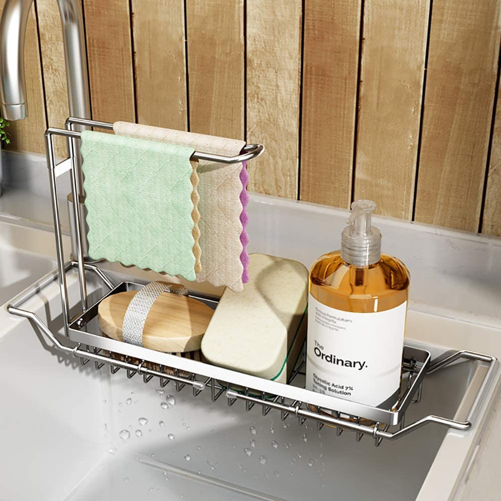 Expandable Stainless Steel Kitchen Sink Organizer with Drain Holder