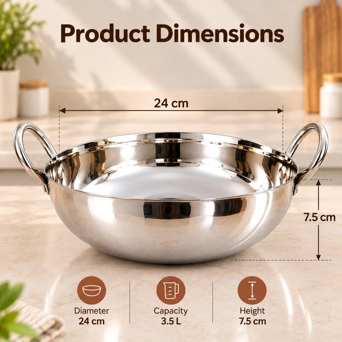 Premium Stainless Steel Mirror Finish Deep Kadhai